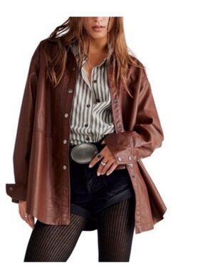 We The Free Brown Leather Snap-Front Jacket